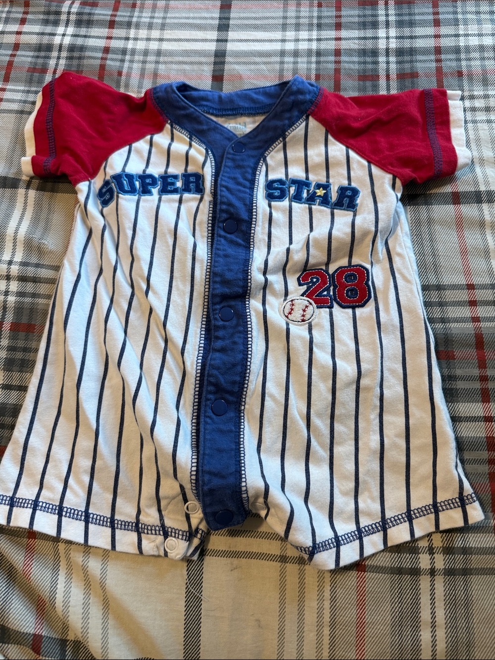 child of mine White & Blue Pinstripe Baseball Romper with Red Sleeves